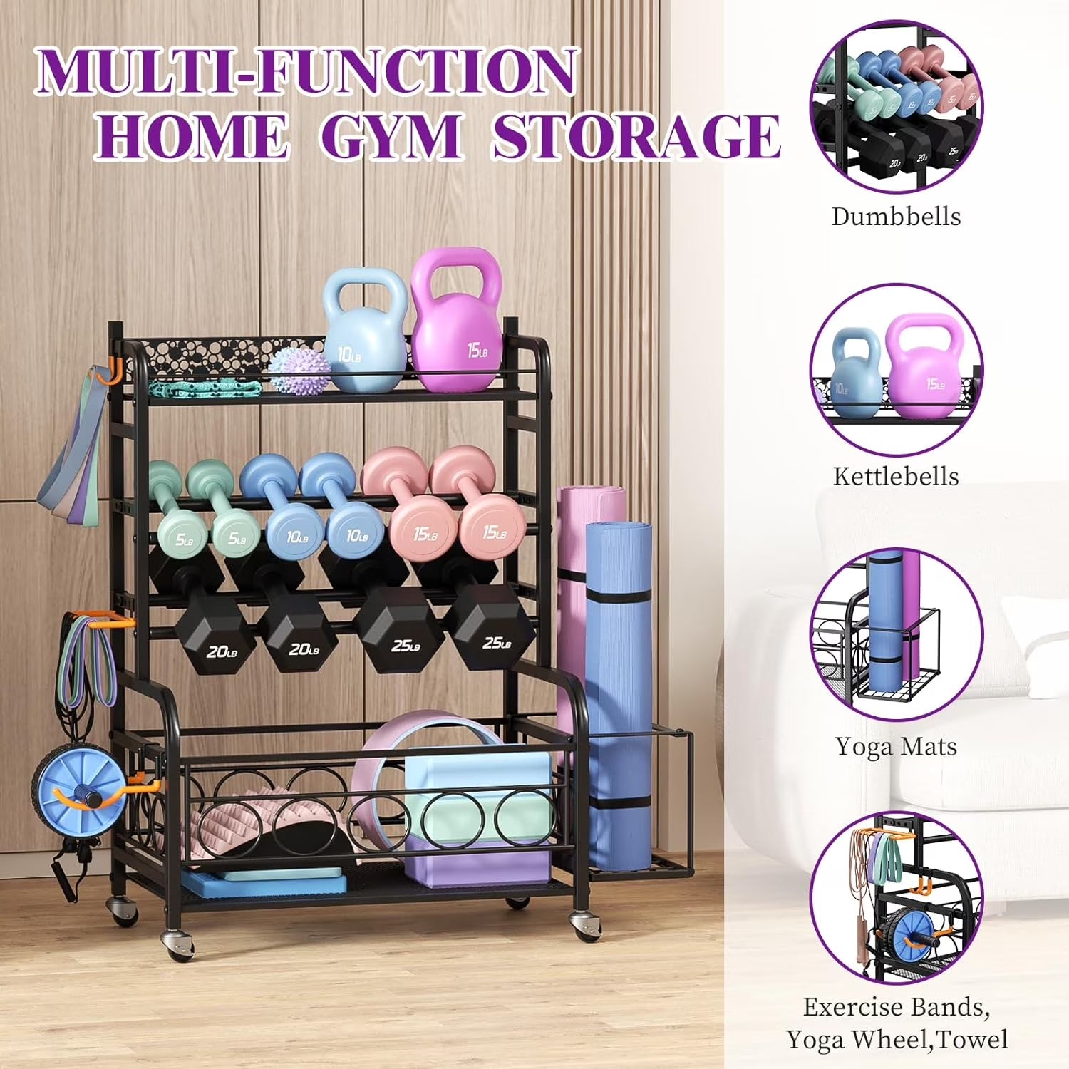 Dumbbell Rack, Weight Rack for Dumbbells, Home Gym Storage for Dumbbells Kettlebells Yoga Mat and Balls, Weight Storage Holder Rack with Wheels and Hooks