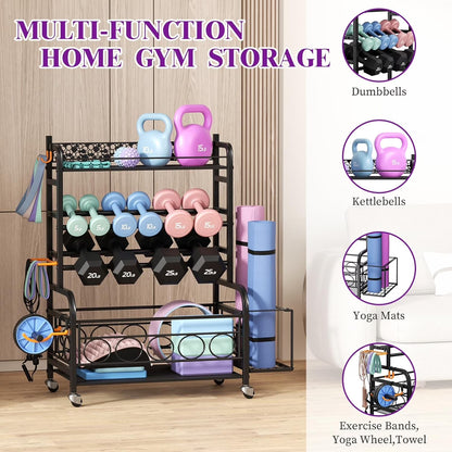 Dumbbell Rack, Weight Rack for Dumbbells, Home Gym Storage for Dumbbells Kettlebells Yoga Mat and Balls, Weight Storage Holder Rack with Wheels and Hooks