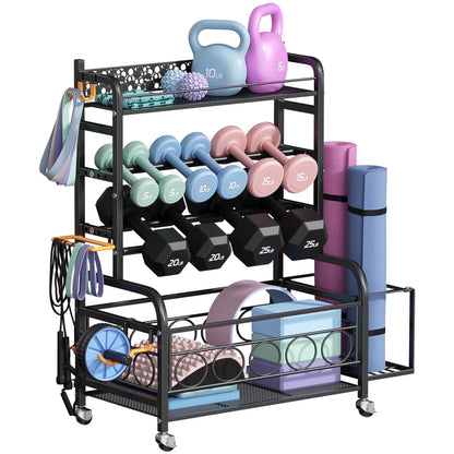Dumbbell Rack, Weight Rack for Dumbbells, Home Gym Storage for Dumbbells Kettlebells Yoga Mat and Balls, Weight Storage Holder Rack with Wheels and Hooks