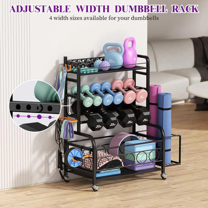 Dumbbell Rack, Weight Rack for Dumbbells, Home Gym Storage for Dumbbells Kettlebells Yoga Mat and Balls, Weight Storage Holder Rack with Wheels and Hooks
