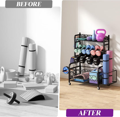 Dumbbell Rack, Weight Rack for Dumbbells, Home Gym Storage for Dumbbells Kettlebells Yoga Mat and Balls, Weight Storage Holder Rack with Wheels and Hooks